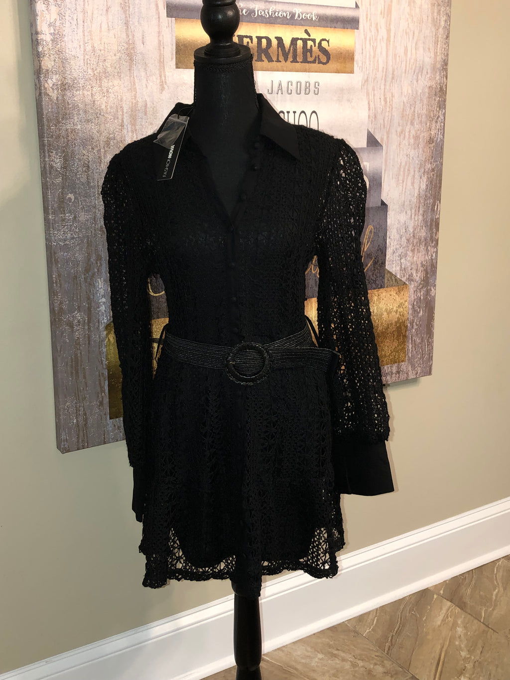 Belted Black Lace Dress