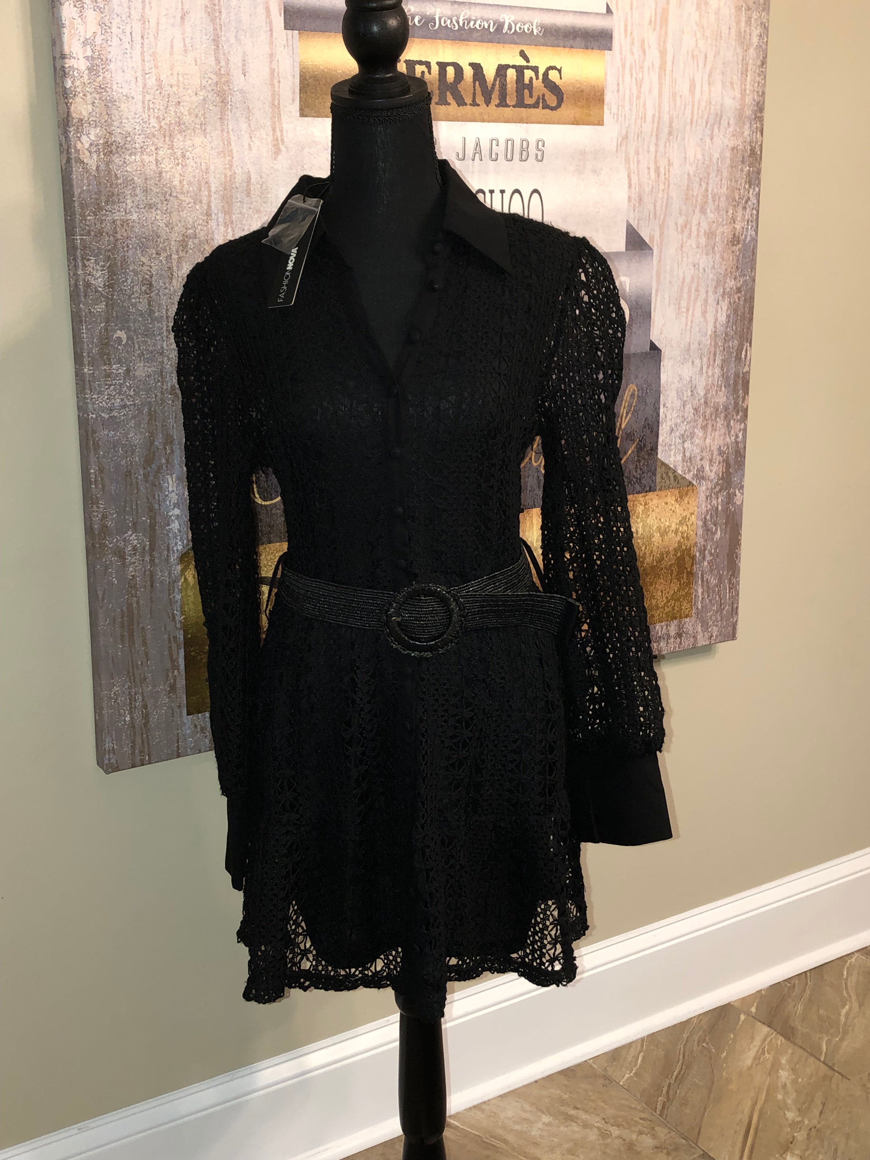 Belted Black Lace Dress