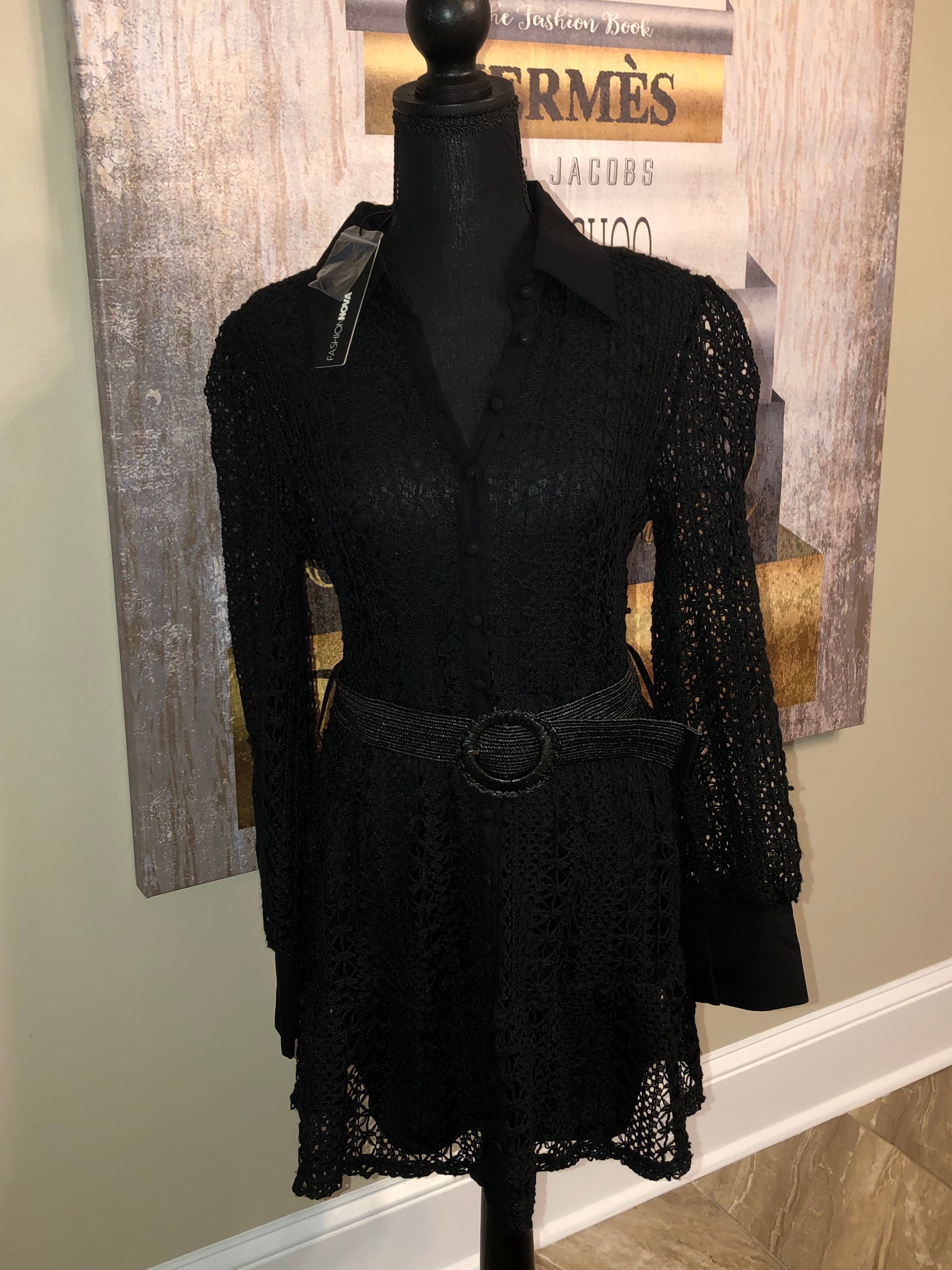 Belted Black Lace Dress